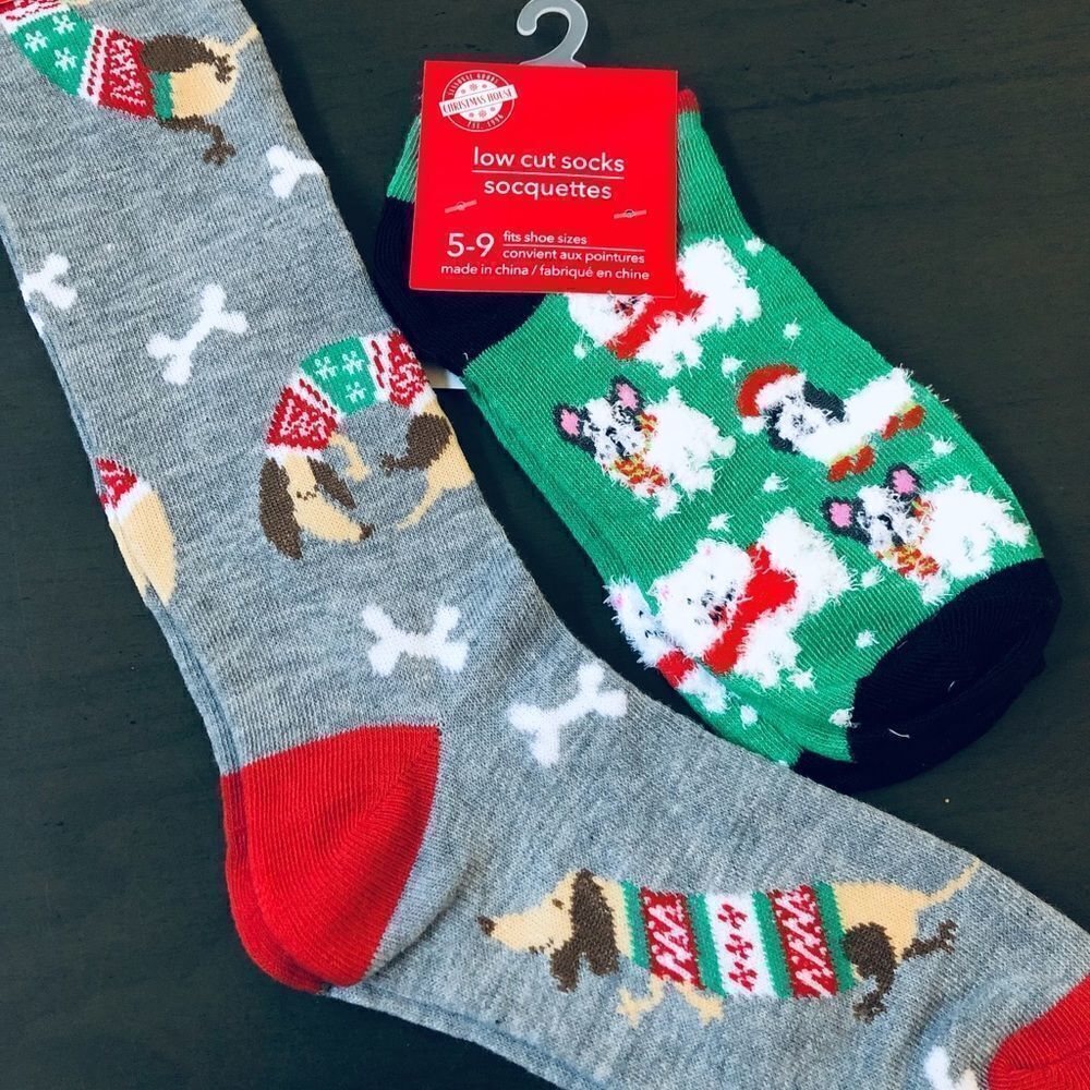 Christmas Dog Print Dachshund Frenchie Boston Terrier Socks Bundle